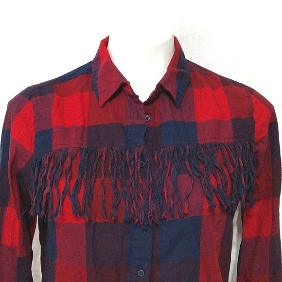 Zara Fringe Bufallo Plaid Blue Red Button Up Coastal Cowgirl Western Top Medium - Picture 3 of 6
